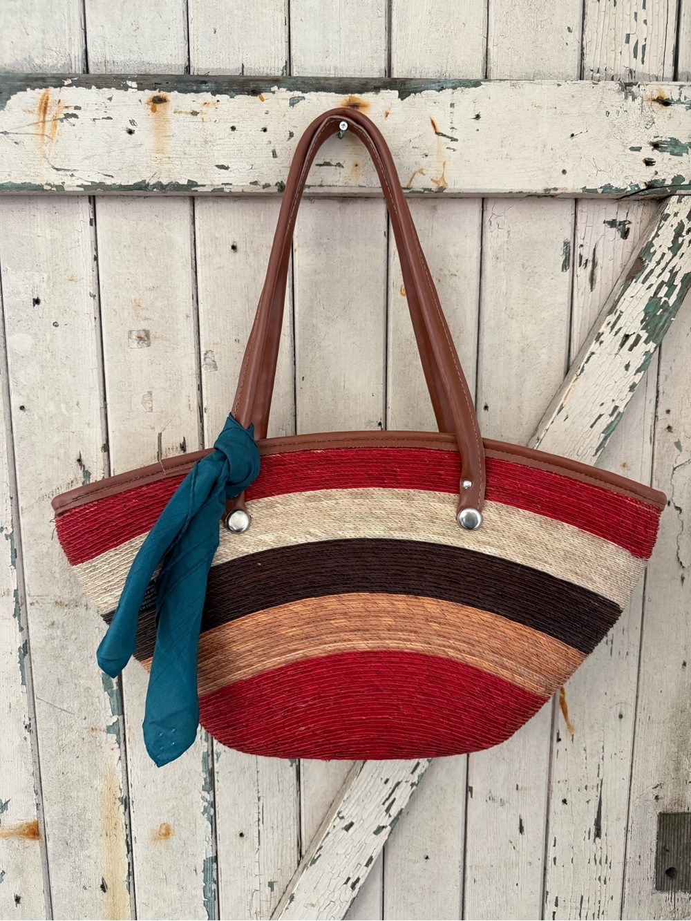 Striped Woven Tote Bag in Red, Brown, Tan & Cream